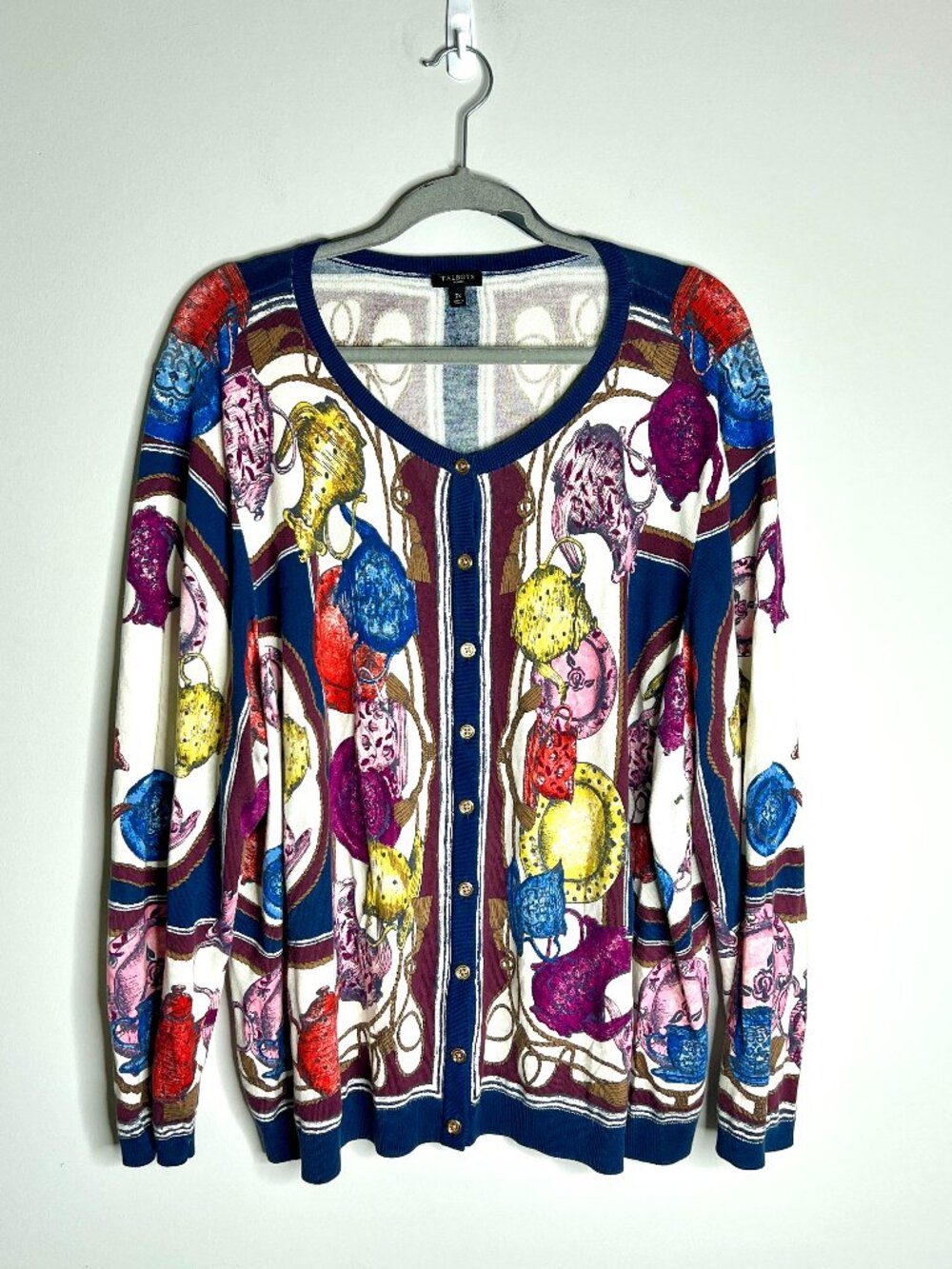 Talbots Charming Cardigan Whimsical Teapot Print Crew Neck Old Preppy Money 3X